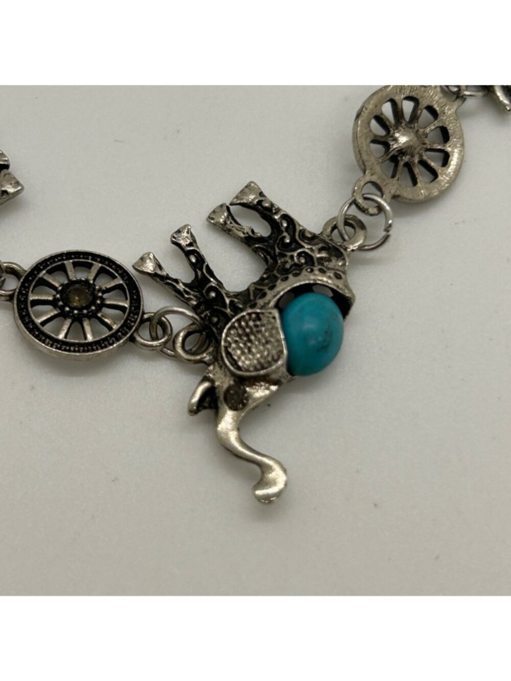 Boho Elephant Link Bracelet Silver Tone Turquoise Color Stone Bohemian Good Luck - Picture 6 of 12